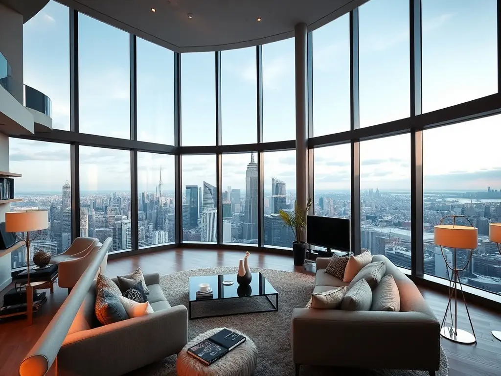 A stylish apartment interior in San Francisco, featuring modern furnishings and a view of the city skyline, emphasizing comfort and urban living.